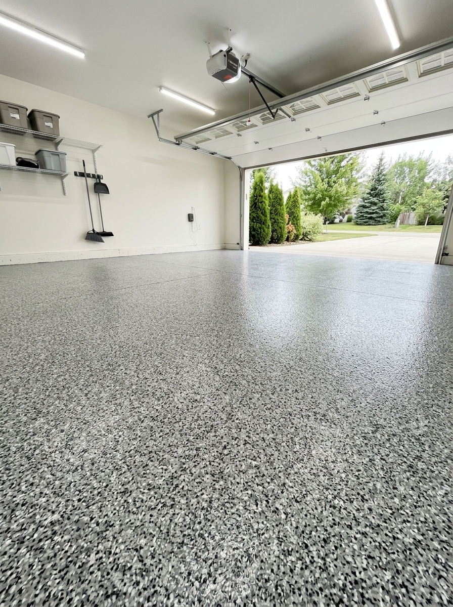 The same garage floor after a grey epoxy flake coating was applied