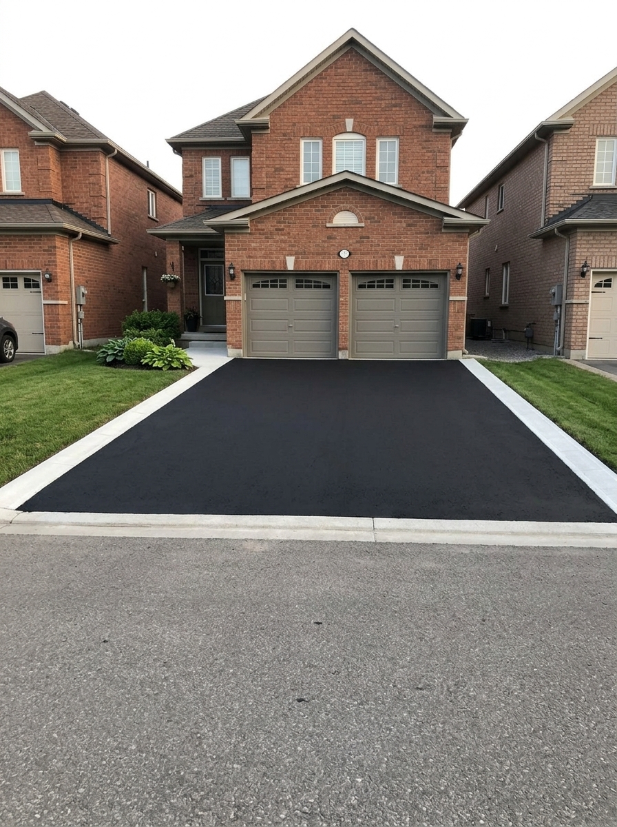 The same asphalt driveway after oil-based sealing, finished in deep black