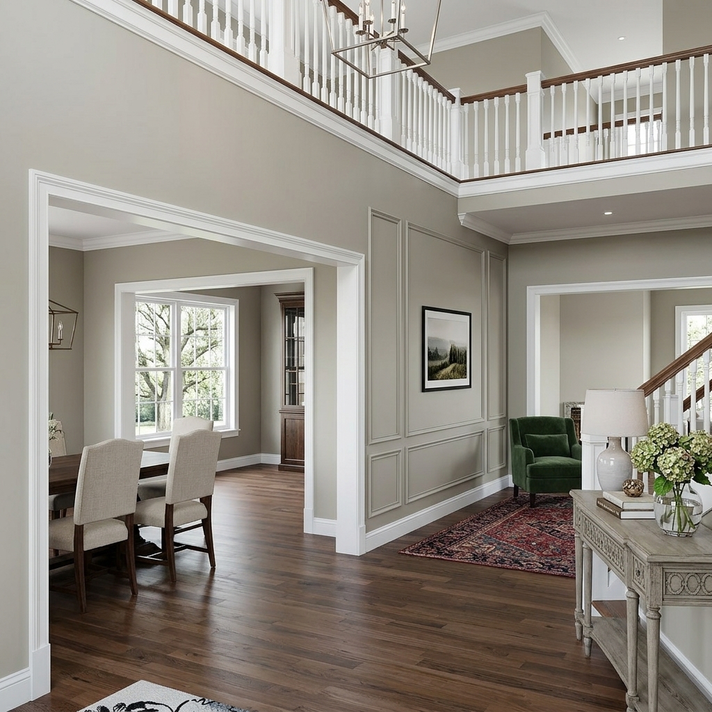 The same entry hall and dining room repainted in a warm greige colour with white trim