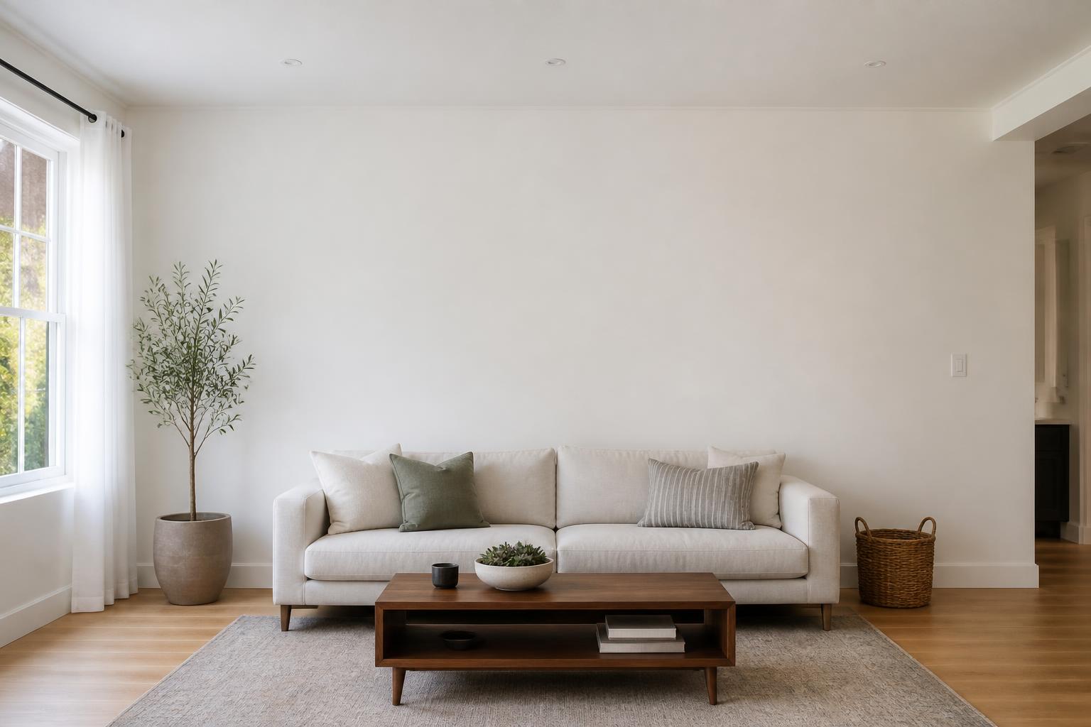 Living room with a sofa against a large plain wall and wood flooring