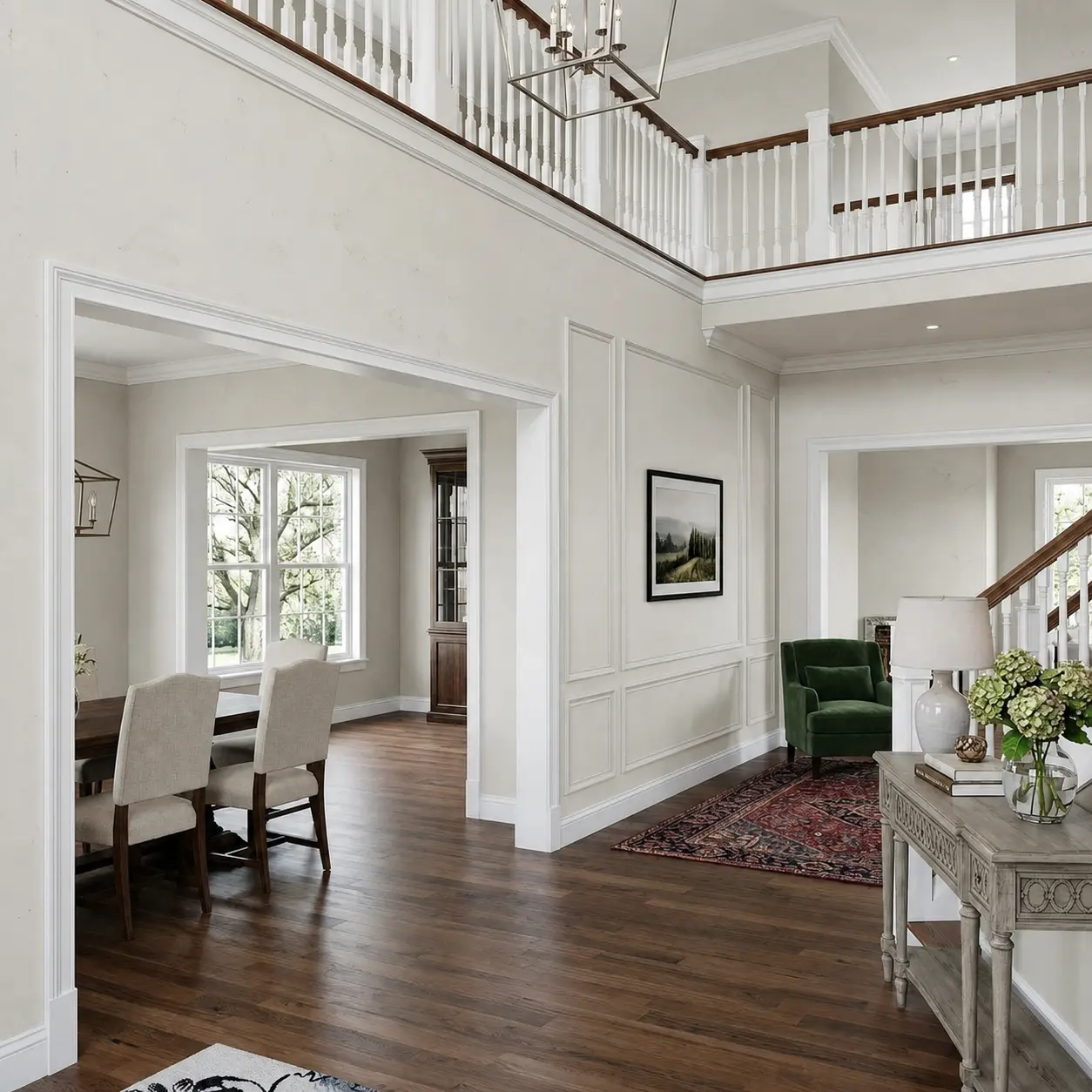 Entry hall and dining room with pale off-white walls before repainting
