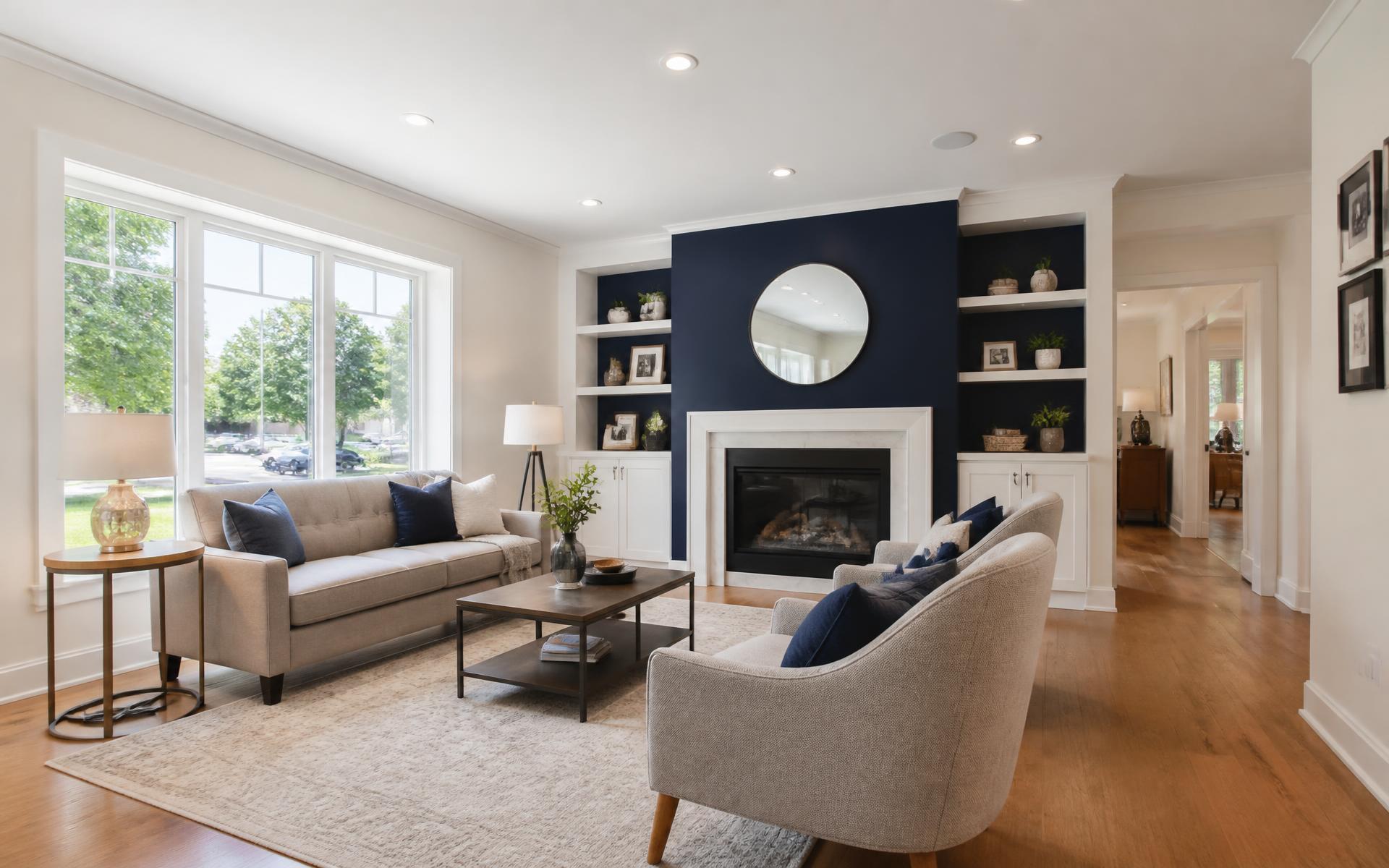 Living room with freshly painted walls, a navy accent wall and white trim